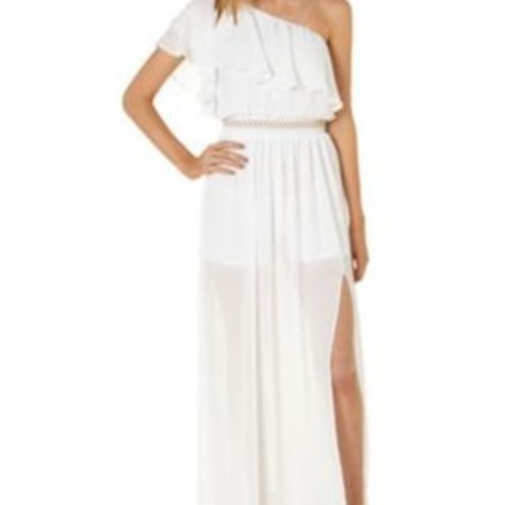 White Maxi Dress Ruffle One Shoulder Grecian Goddess XOXO - Picture 9 of 9